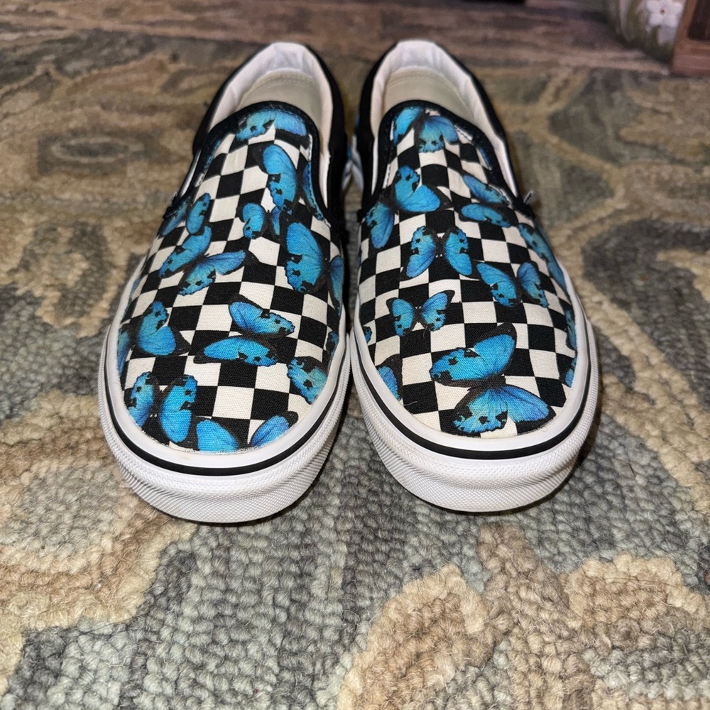 Vans Blue Butterfly Checkered Slip-On Sneakers